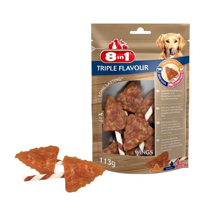 8in1 Triple Flavour Ailes à mâcher Premium aux Bœuf, Porc, Poulet - Pour chien de petite taille - 6 pièces