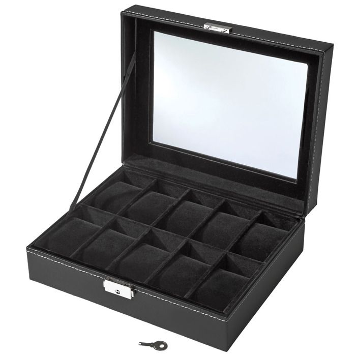TECTAKE Boite à Montres, Coffret à Bijoux, Ecrin de Présentation, Ecrin, 10 Coussins, 25,5 cm x 21 cm x 8 cm Noir