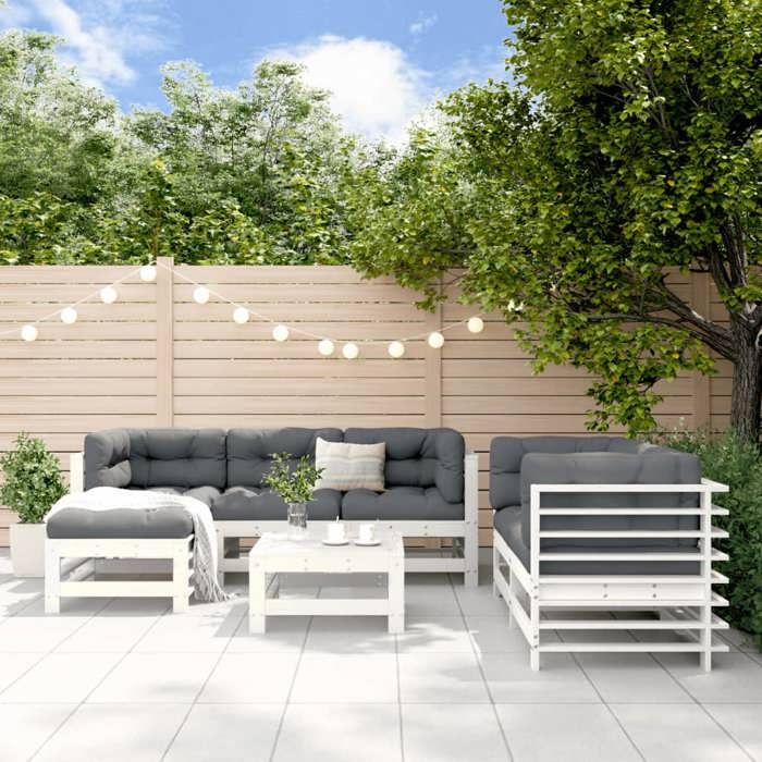 vidaXL Salon de Jardin 7 pcs Canapé avec Repose-pied Ensemble de Meubles avec Table Basse Patio Terrasse Rustique Blanc 3186194
