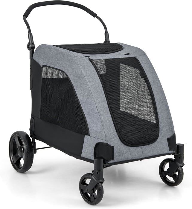 Comparer les prix de GOPLUS Poussette Pliable pour Chat Chien à 4 Roues avec Poignée Réglable, Porte Avant, Lucarne, Fenêtres en Maille, Charge 60 KG