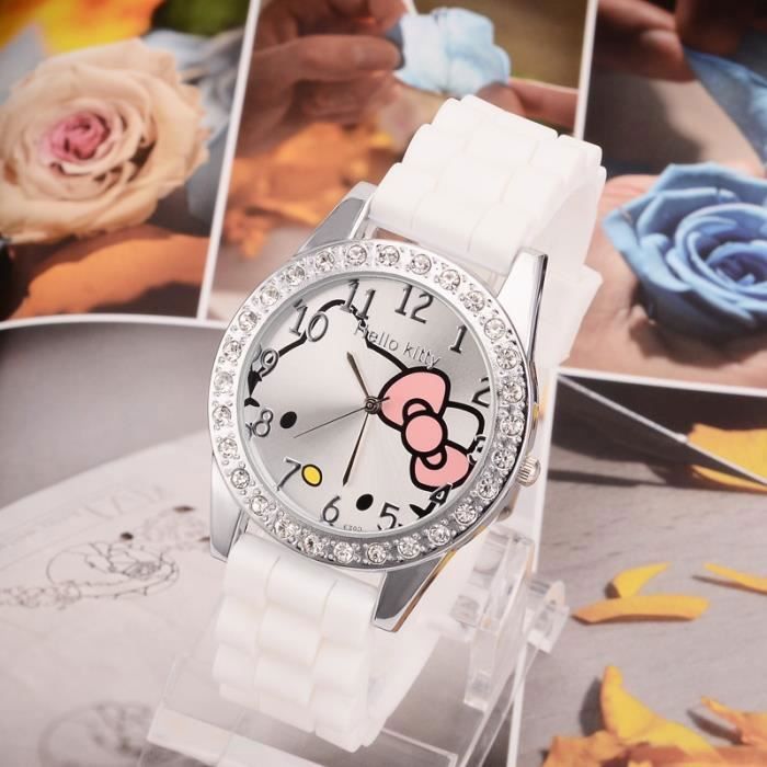 Montre Hello Kitty Bracelet Cuir à Clous Acier Cadran Diamant Blanc - Neuf Sans Étiquette