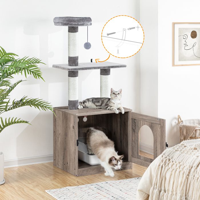 Arbre à Chat avec Maison de Toilettes HOOBRO Tour de Jeu Moderne 2-en-1 Niche pour Chat de avec Chache-litière Poteaux à Griffer