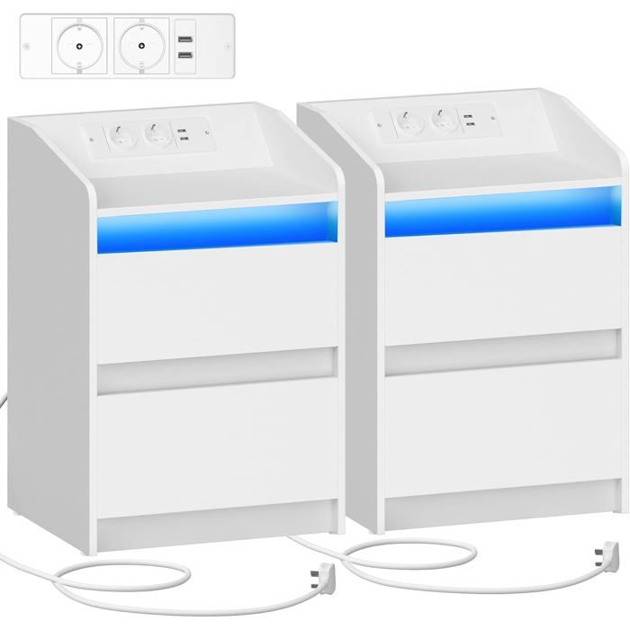 Tables de Chevet avec lumières LED Lot de 2 Station de Chargement et 2 tiroirs Table dappoint avec Ports USB et Prises Blanc