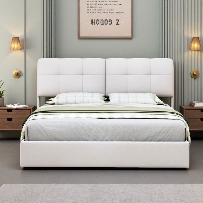 Lit double 160x200 cm - Lin beige - Lampe LED - Chargement USB - Design scandinave