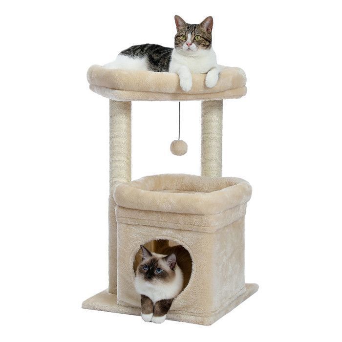 Comparer les prix de PAWZ Road Petit Arbre à Chat 60 cm, Tour de Jeux avec 2 Poteaux à Griffer Robuste, 1 Condo Spacieux & 1 Grand Perchoir, Beige