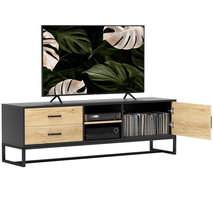 Meuble TV - HOMCOM - pour téléviseurs jusquà 60 pouces - placard compartiments ouverts et 2 tiroirs et bois naturel