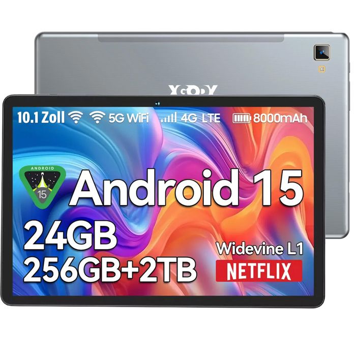 Tablette Tactile XGODY P60 Pro Android 15 24Go RAM+256Go ROM 10.1 pouces 8000mAh 4G LTE 5G WiFi 1920*1200 IPS Octa-core 5MP+13MP GPS