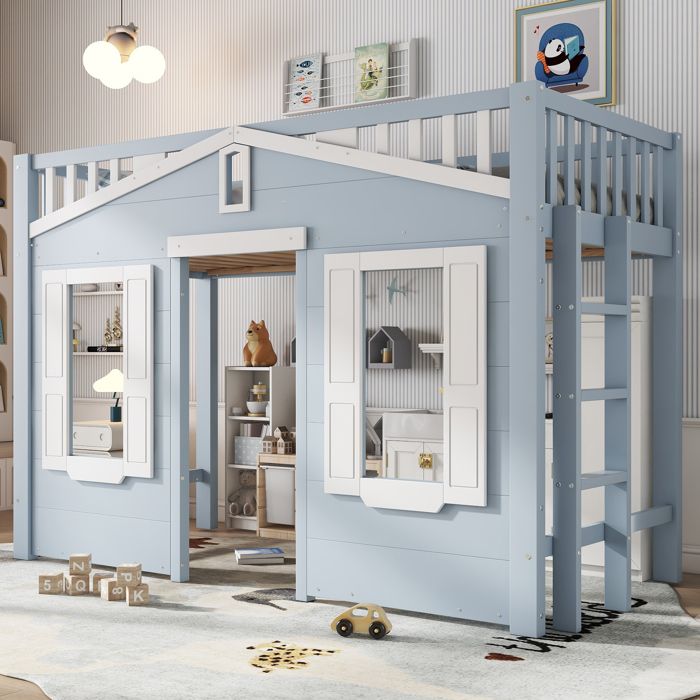 Lit Mezzanine enfant  90x200cm Forme de la maison conception des fenêtres pino + MDF + contreplaqué bleu