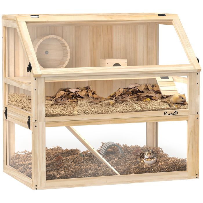 Comparer les prix de Cage hamster en bois - cage rongeur - PawHut - 3 niveaux avec fond amovible cabane balançoire - 80x50x76cm - finition bois