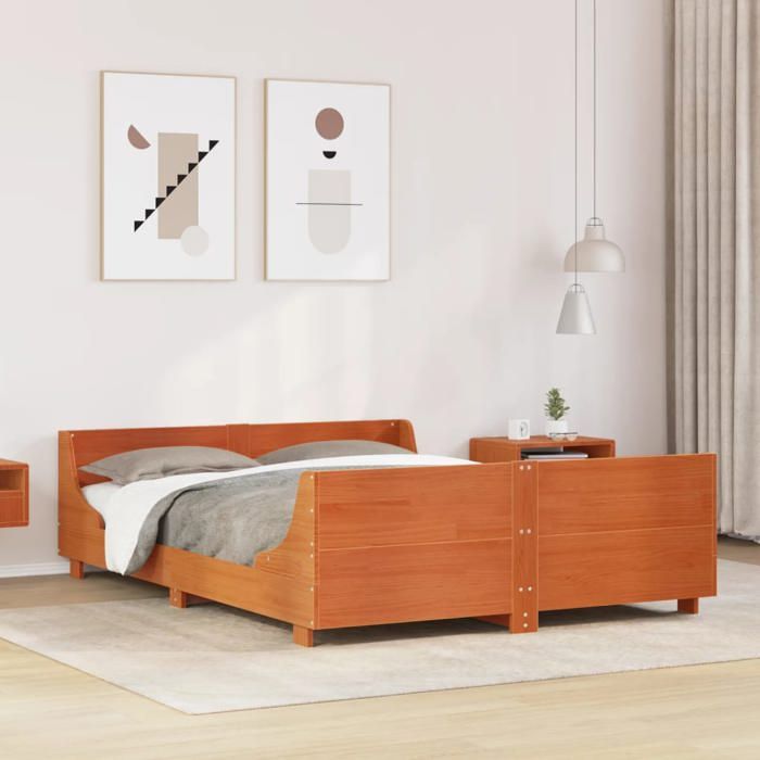 CHIC Lit adulte2 places - 140x190 cm Structure/Cadre de lit cire marron 140x190cm Bois pin massif #Sara52512