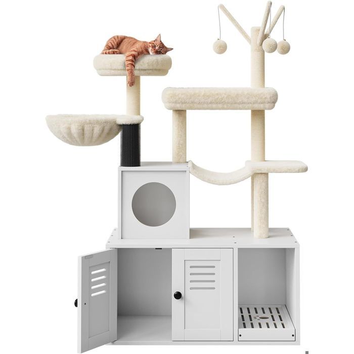 Meilleurs prix pour Arbre à chat avec armoire à litière 146 cm de haut maison pour chat en bois avec arbre à chat-70 X  48 X 146CM-BLANC