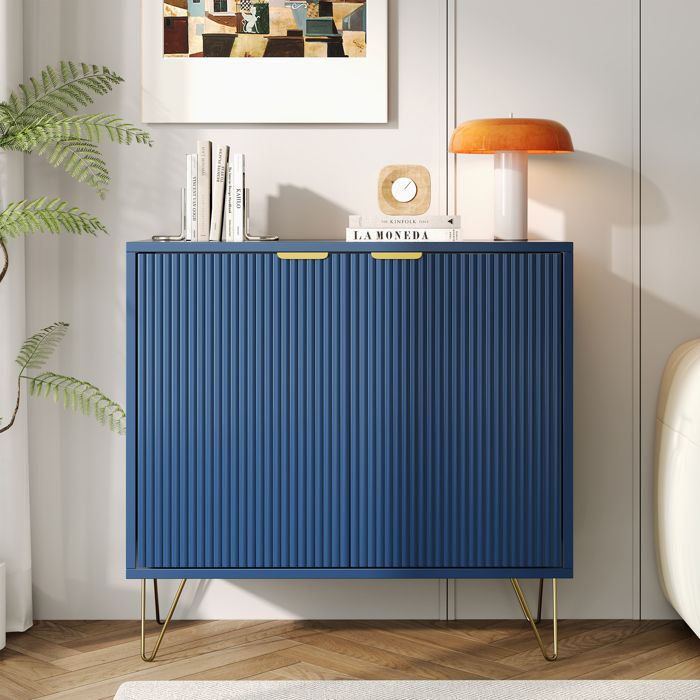 Commode avec deux portes - 80x40x78cm - bleu marine avec manches et pieds couleur dorée - pour chambre salon bureau - Moderne