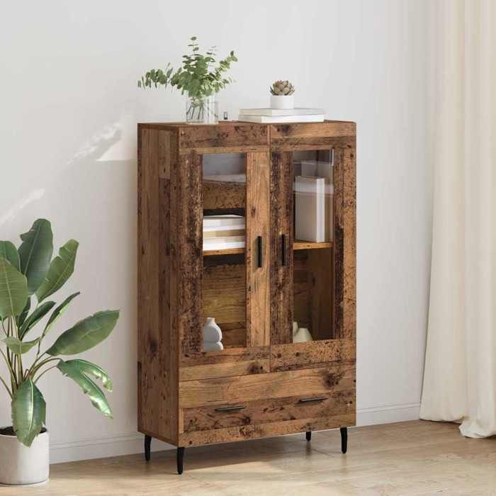Buffet haut bois ancien style contemporain en bois dingénierie 69 5x31x115 cm avec porte rangement pour salon et salle à manger