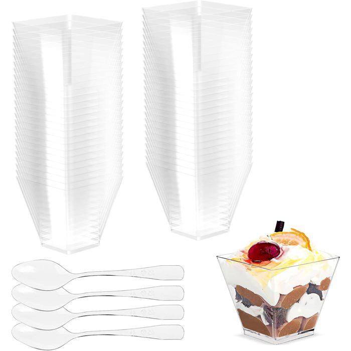 50 coupes dessert 2oz/60ml avec cuillères plastique transparent réutilisables