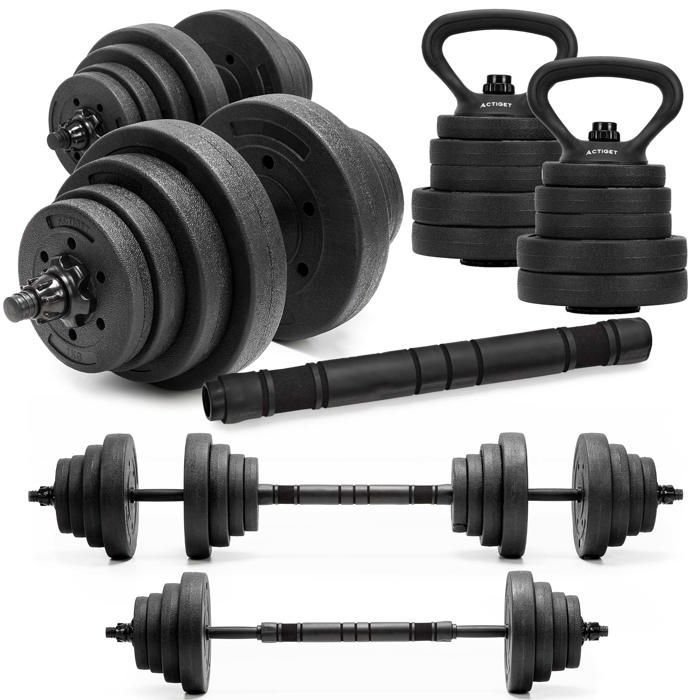 Kit Haltères Réglables 30 Kg – 2 Barres + Disques – Poignée Antidérapante, Fitness Maison