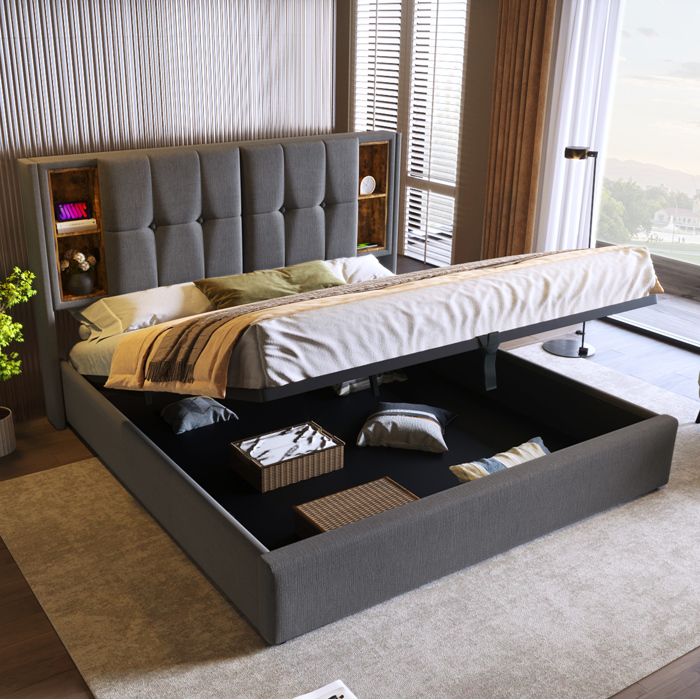 Lit coffre double gris 160×200 cm sommier inclus chargeur sans fil + USB/Type-C structure solide
