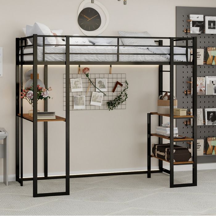 Lit mezzanine noir sans matelas bureau en L intégré échelles bilatérales structure stable90×190 cm