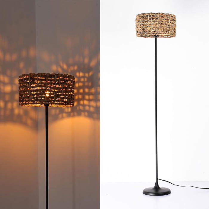 Lampadaire en rotin - CACTOSE - Rotin naturel tissé à la main - Style vintage rustique boho - Base métallique noire