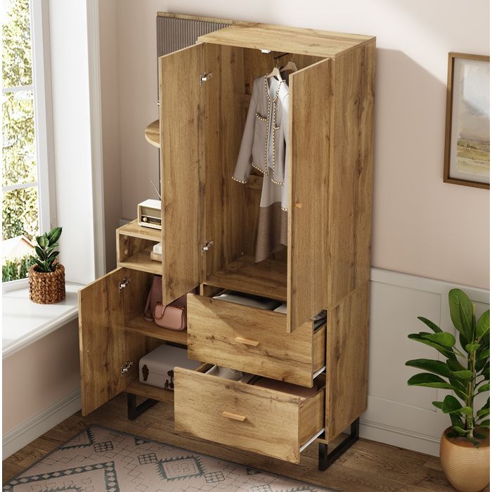 Vestiaire d’entrée 110x38x186 cm avec penderie coulissante étagères ouvertes et 2 tiroirs MDF noir/naturel