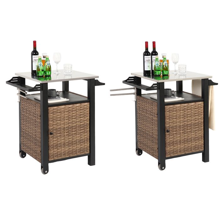 Table de Bar Extérieure en Rotin - Desserte de Jardin - Plateau Inox et Roulettes - 76x57x85 cm