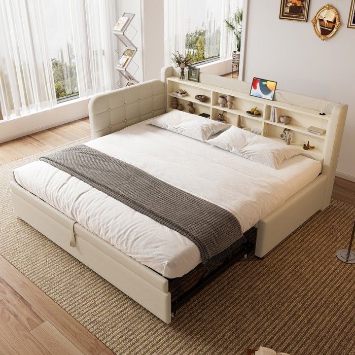 Lit escamotable - PAGE Living - 90x200 extensible 180x200 - Lin beige - Ports USB/Type‑C & rangements