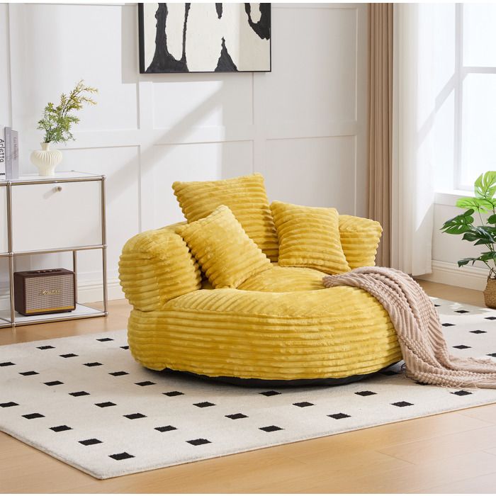Pouf géant velours côtelé jaune avec dossier haut et 3 coussins siège lounge confortable pour adultes et enfants