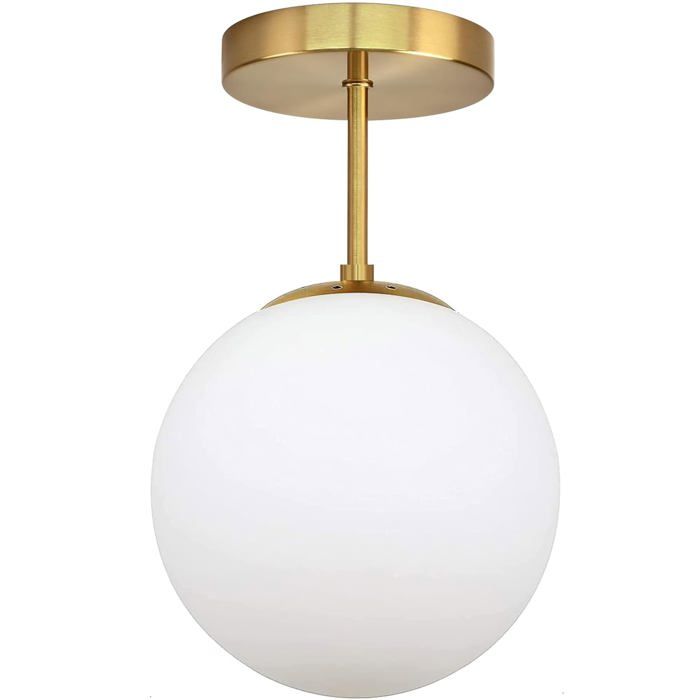 Plafonnier en Verre Suspendu Doré E27 Lampe de Plafond Vintage avec Abat-jour Globe Blanc Plafonnier Salle de Bain IP44 Étanche