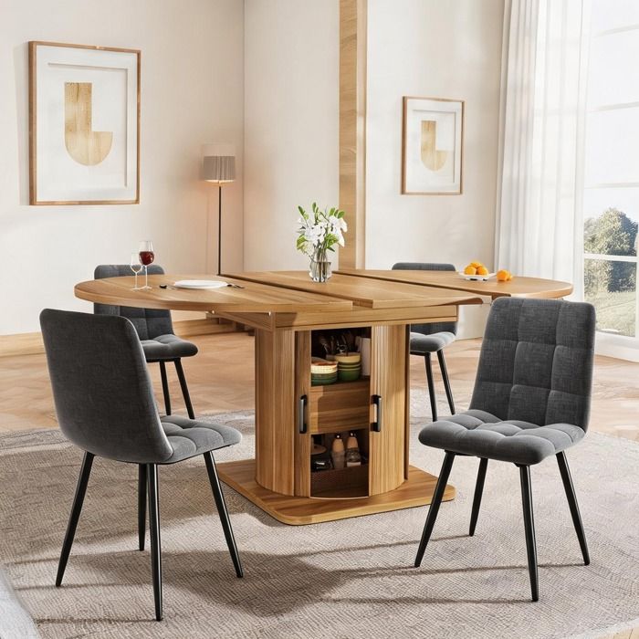 Ensemble repas 5 pièces pour 4 à 6 personnes table extensible 118-158 cm en MDF noir brun et 4 chaises en lin gris style moderne