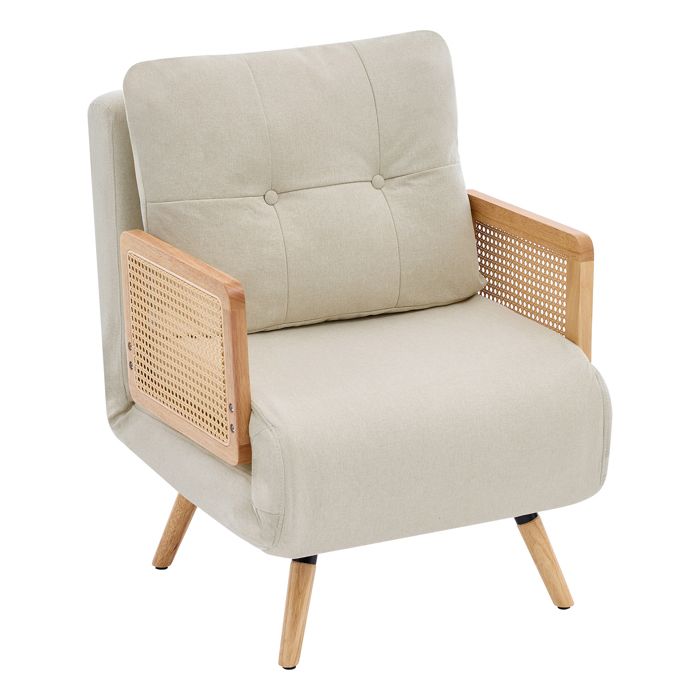 Fauteuil Convertible 3 en 1 avec Couchage Fauteuil Relax Pliant avec Lit dAppoint Dossier 5 Positions Lin et Rotin - Blanc