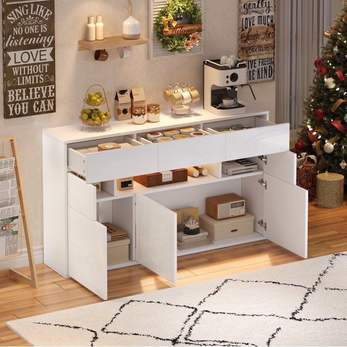 Buffet bas blanc 140 x 30 x 82 cm en MDF 3 tiroirs 5 rangements finition brillante et LED
