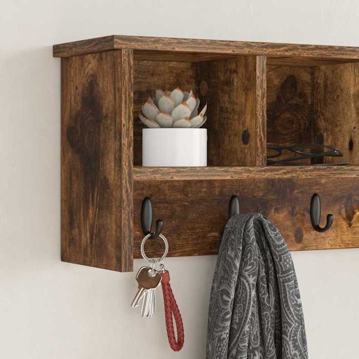Porte-manteau mural élégant - ECOHOME - bois dingénierie - chêne fumé - 75 x 16 x 26 cm - 3 étagères - avec porte@653699