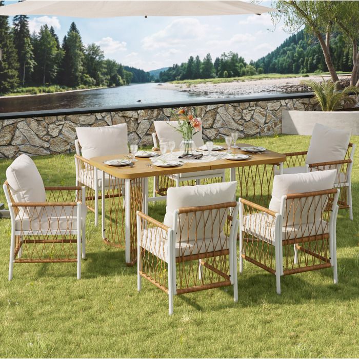 Table et chaises de jardin 6 places ensemble extérieur 1 table 6 chaises avec coussins métal et résine ORVRYN