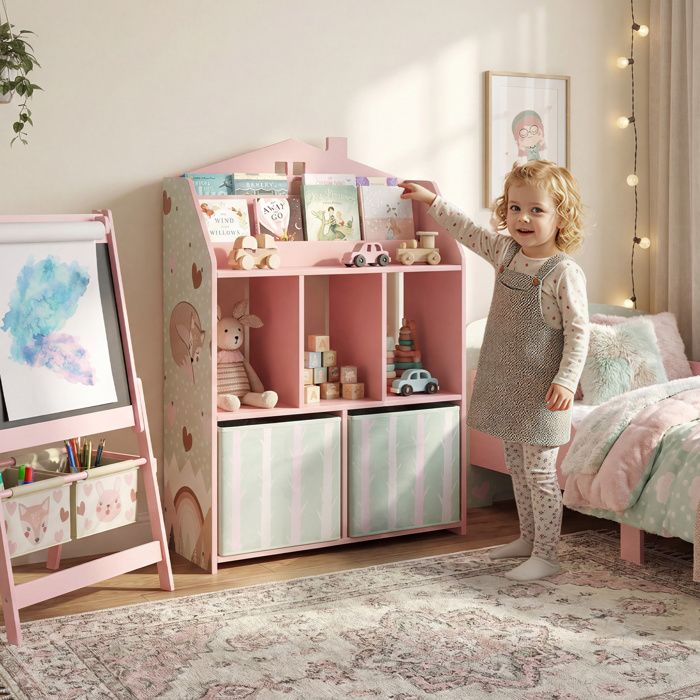 Bibliothèque enfant 3 niveaux avec tiroirs et étagères bois et tissu 62 5 x 30 x 91 5 cm rose