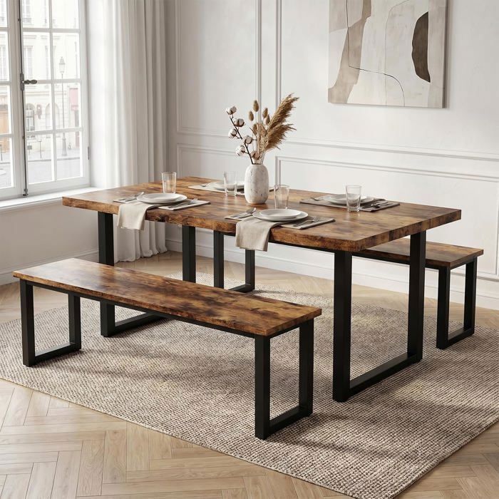 JIEXI Table et 2 Bancs Industriels MDF Teinte bois vieilli 160x80x76 cm