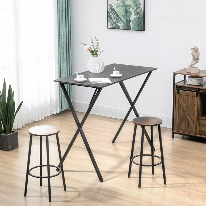 Table haute de bar style industriel effet marbre bois et acier 120 x 60 x 102 cm noir