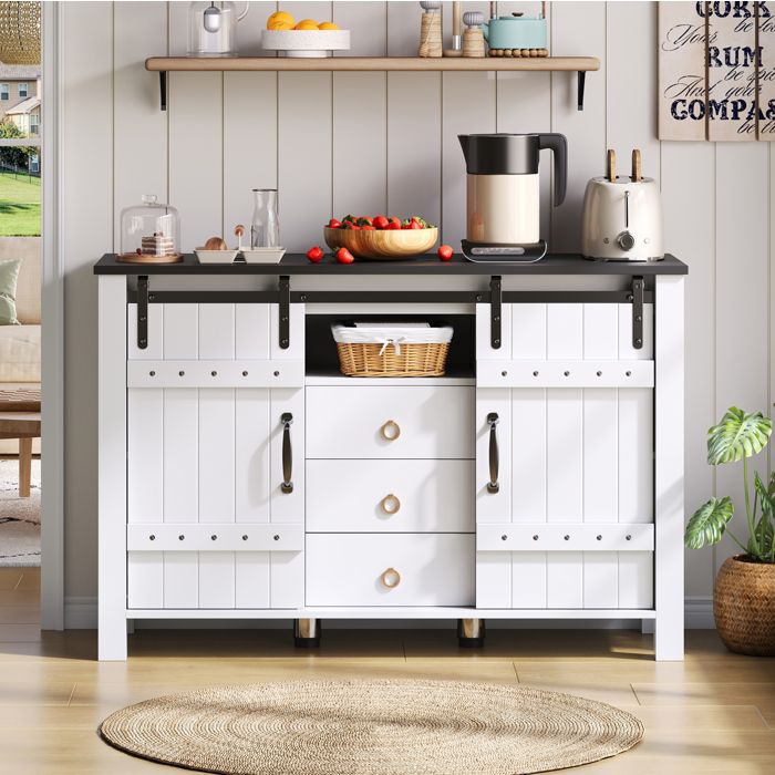 Buffet de cuisine AESVAR 120 cm avec 2 portes coulissantes et 3 tiroirs meuble de rangement MDF blanc