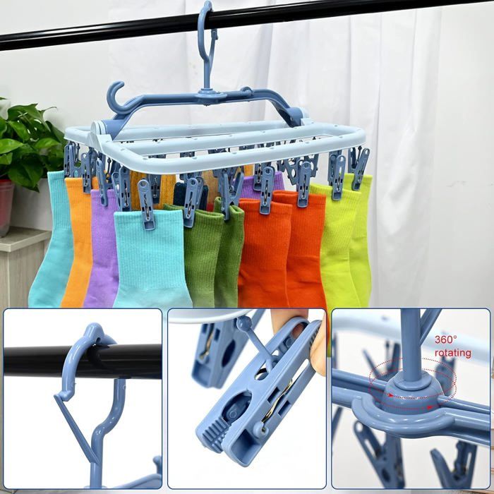 Étendoir à chaussettes cintre à linge pliable avec 32 pinces porte-vêtements