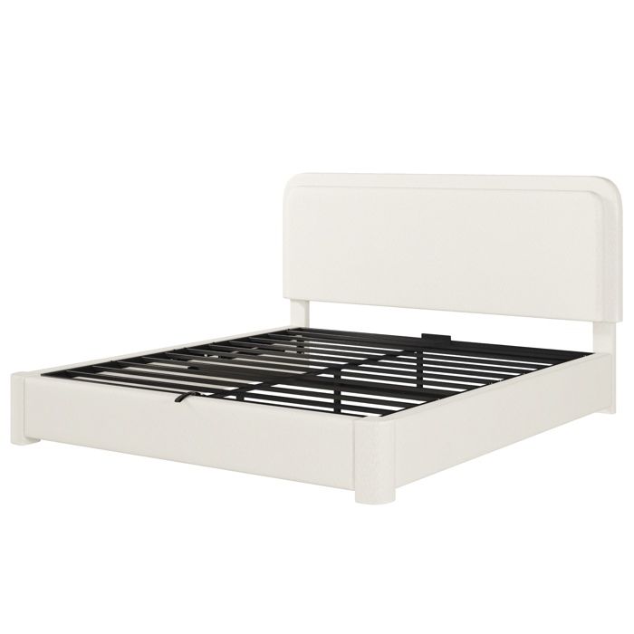 Lit double 160 x 200 cm avec coffre hydraulique sommier à lattes et tête de lit réglable bouclé blanc