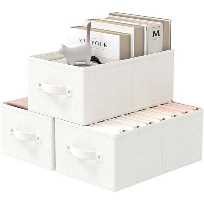 Lot de 3 Boîtes de Rangement avec Poignée 33x23x14 cm Blanc Vetement Organiseurs Cubes de Stockage Pliables Tissu Non Tissé