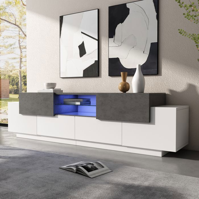 Meuble TV LED 180 cm Blanc et Gris Effet Marbre pour Écran 80 Pouces Banc TV avec Rangements et Bluetooth Norevia