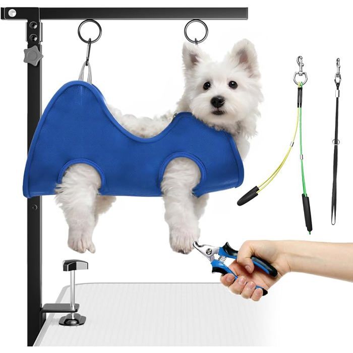 Bras de Toilettage Pliable pour Chien avec Pince – Hauteur Réglable 66–102 cm Bras Table Hamac et Attaches Anti-Assis Système