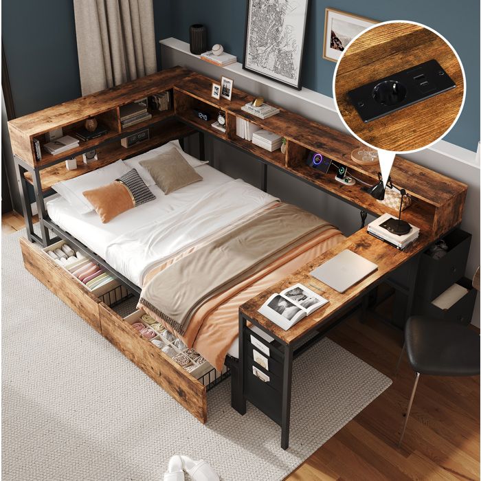 Modenuit Lit combiné 120 x 200 cm avec rangement intégré 2 tiroirs étagères prise de recharge noir et naturel