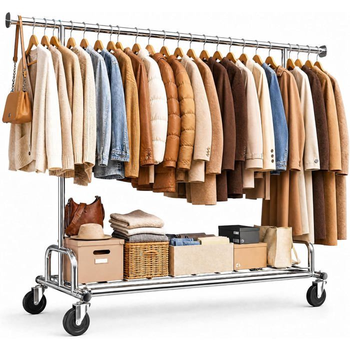 Portant à vêtements robuste sur roulettes capacité 200kg hauteur réglable 130-190cm pour manteaux et vestes