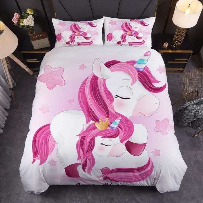 Housse De Couette Enfant Sirène Licorne 140x200 Cm + 1 Taie 65x65 Cm - 100% Coton, Motifs Mignons - Literie Thématique Pour Filles Et Garçons