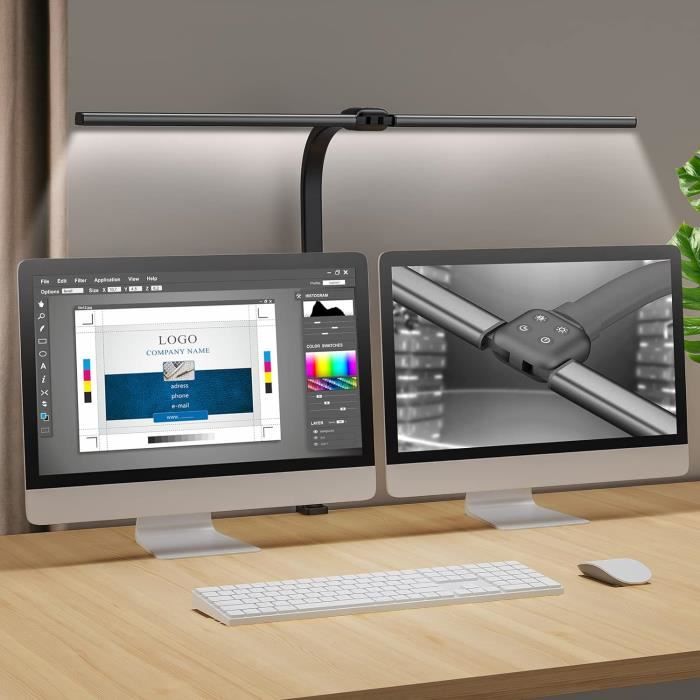 Lampe Bureau LED 24W Double Tête - 80cm De Long, Dimmable, 5 Luminosités & Températures - Noir