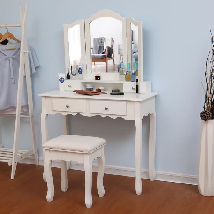 Grande Coiffeuse Biling Table De Maquillage Avec Miroir A 3 Volets 4 Tiroirs Et 1 Tabouret Style Champetre Blanc Achat Vente Coiffeuse Grande Coiffeuse Biling Tab Cdiscount