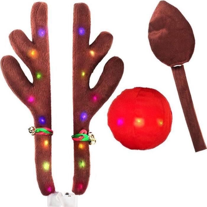 Kit Décorations Noël Voiture – Cornes LED, Nez Rouge, Queue, Peluche, 3 Modes Clignotants - 1