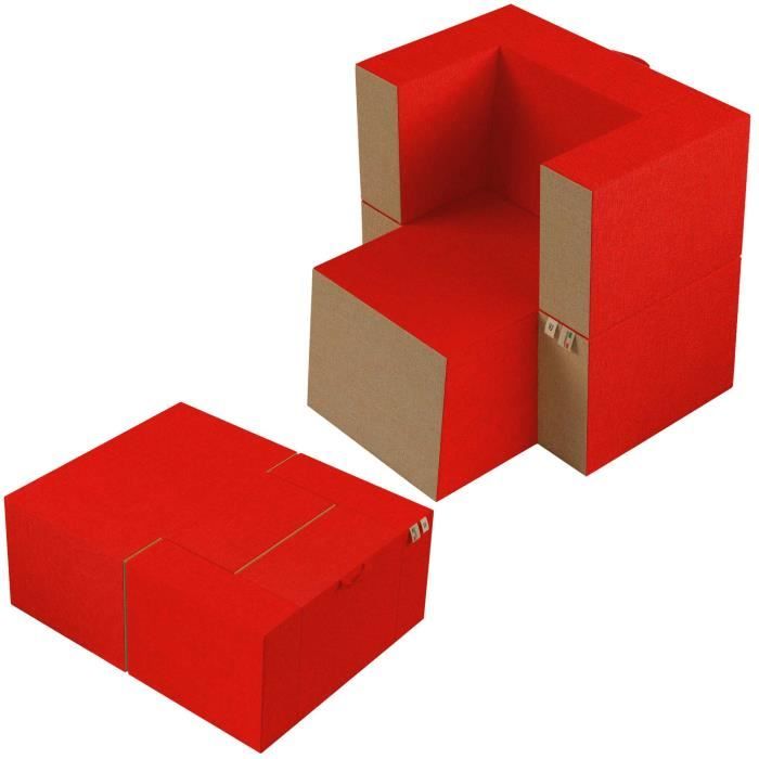 canapé fauteuil pouf praticha en mousse sofa avec repose-pieds 1 places tissu dehoussable et lavable couleur rouge cardinal