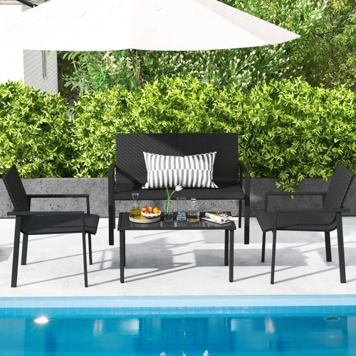 COSTWAY Ensemble 4 Pièces Table Basse et Chaises de Jardin en Osier Ensemble Meubles de Patio pour Balcon Terrasse Cour Noir