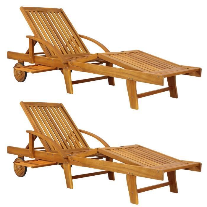 2X Chaises Longues Tami Sun en Bois d'acacia 200cm - transat Bain de Soleil Chaise de Jardin extérieur terrasse Balcon